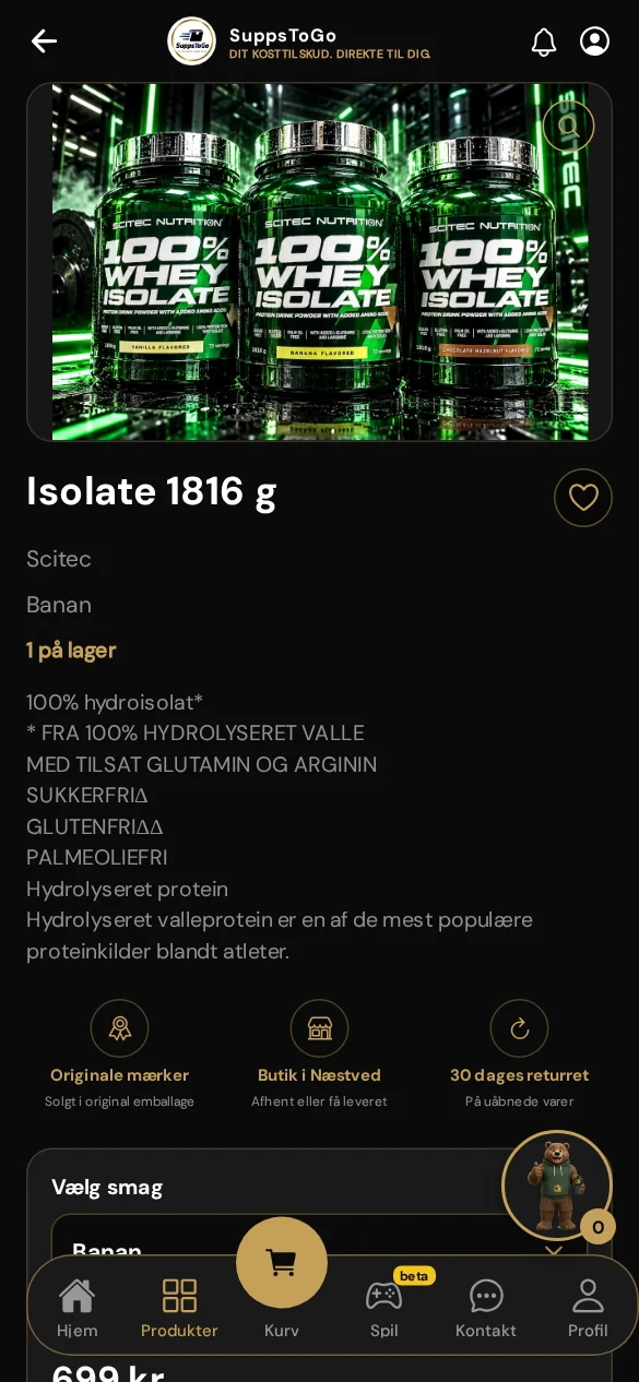 SuppsToGo webapp — produktside på mobil